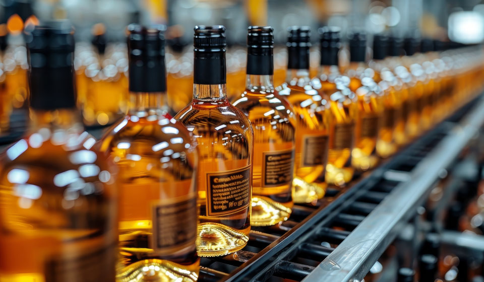whisky bottles being filled on production line