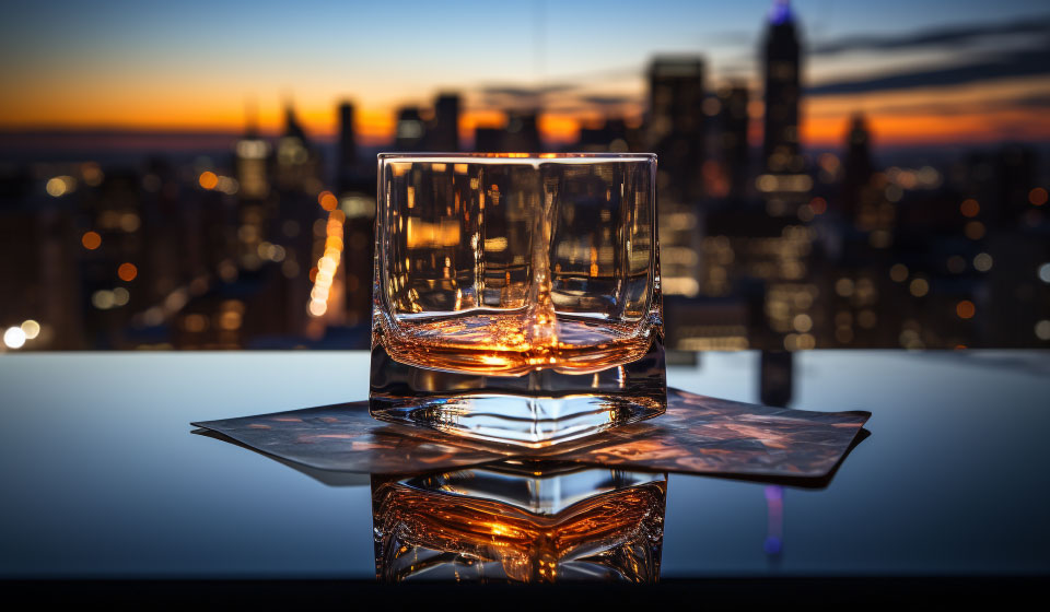 Single malt whisky bottle with glass in tasting setting representing serving and presentation